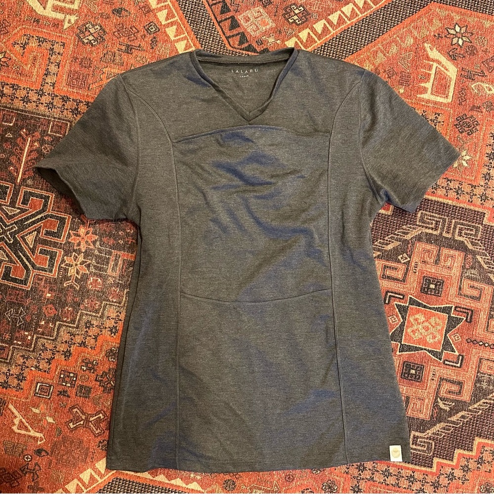 Lalabu men’s baby wearing large grey shirt